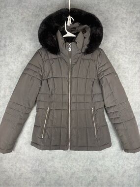 Calvin Klein Womens XS Puffer Jacket Faux Fur Hood Gray Winter Coat Repel